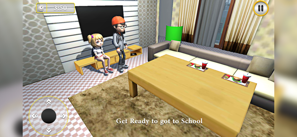 Scary Teacher - Creepy Game 3D - Personajes de Scary Teacher 3D en una sala de estar con una indicación de misión escolar