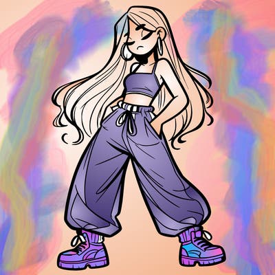 girl in baggy pants crop top and long hair