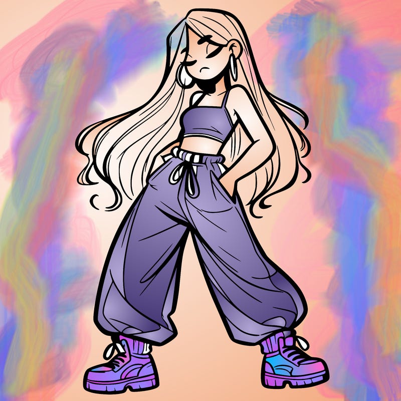 girl in baggy pants crop top and long hair