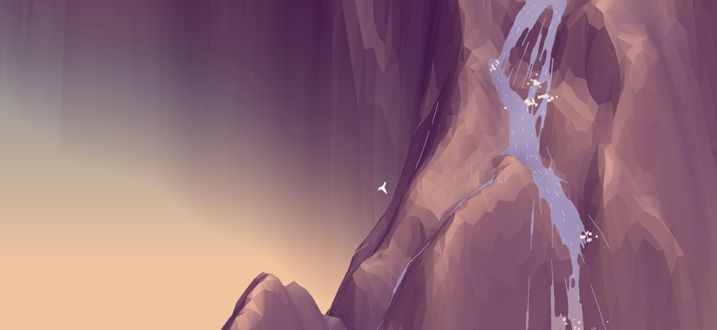 Roia - Minimalist low poly mountain landscape with a waterfall and a bird flying in Roia