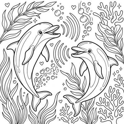 Immerse yourself in the fascinating world of marine life with this engaging Dolphin Communication coloring page. Discover two playful dolphins interacting amidst a beautiful underwater environment, perfect for a relaxing creative escape.