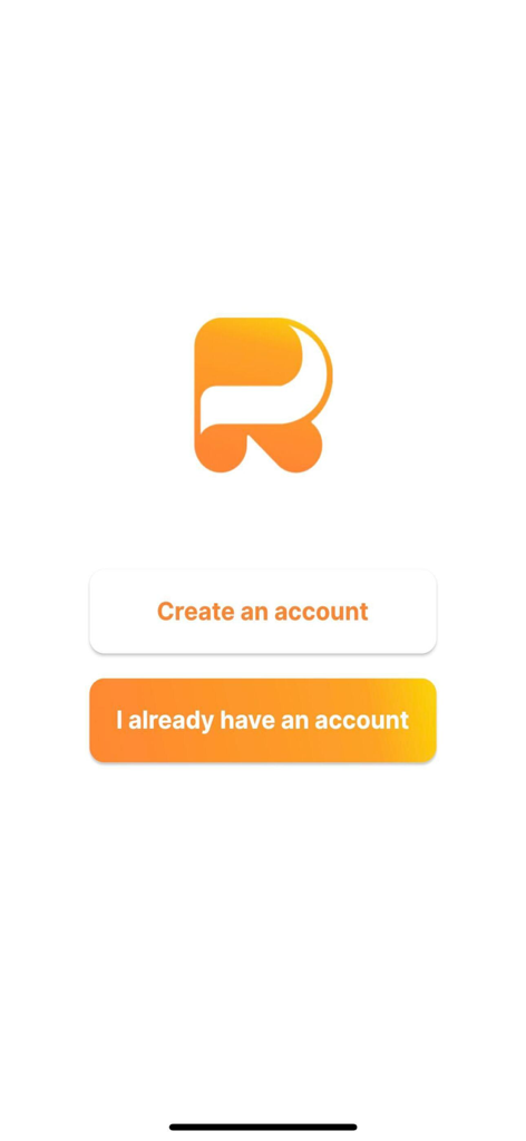 RAIO App - RAIO app welcome screen with create account and login buttons