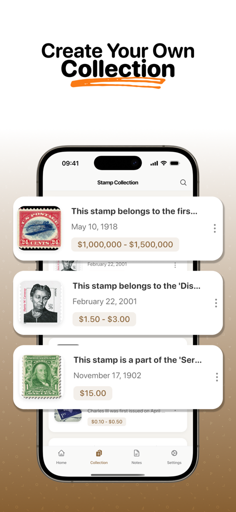 Stamp Identifier - Scan Value - Interface d'application mobile affichant une collection numérique de timbres avec les timbres identifiés et les valeurs marchandes estimées