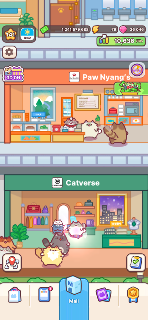 Cat Mall: Idle Shopping Tycoon - Lindos personajes gatunos trabajando y comprando en un centro comercial de varios niveles dentro del juego Cat Mall