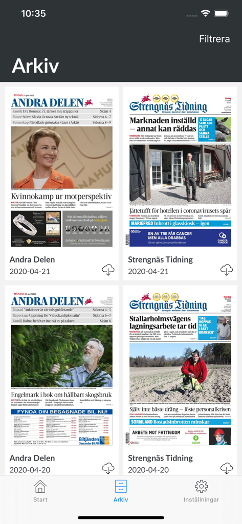 E-tidning Strengnäs Tidning - The archive section of the Strengnas Tidning e-paper app showing multiple digital newspaper editions available for download