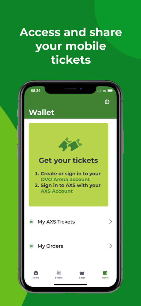 OVO Arena Wembley - OVO Arena Wembley app wallet screen showing mobile ticket access and order history