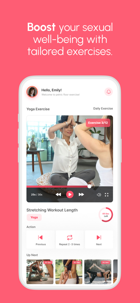 Pelvic Floor & Core Coach - Pelvic Floor and Core Coach app interface showing a yoga video exercise for sexual well-being.