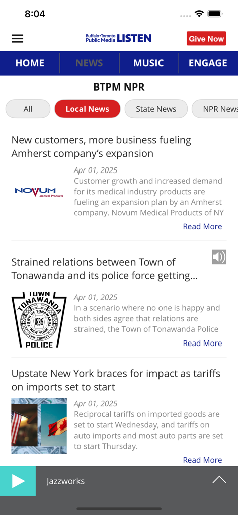 The BTPM Listen app displaying a local news feed for Buffalo and Toronto with an active audio player at the bottom.