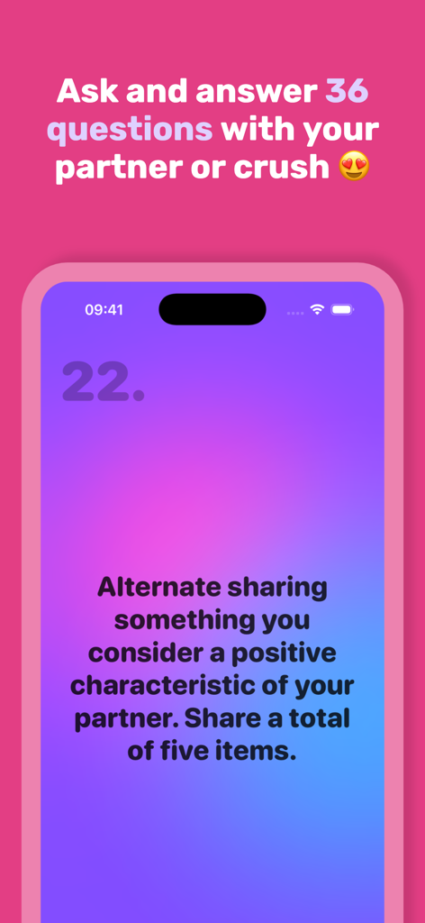 36 Questions To Fall In Love! - Pantalla de smartphone mostrando una pregunta de relación de la aplicación 36 Questions To Fall In Love