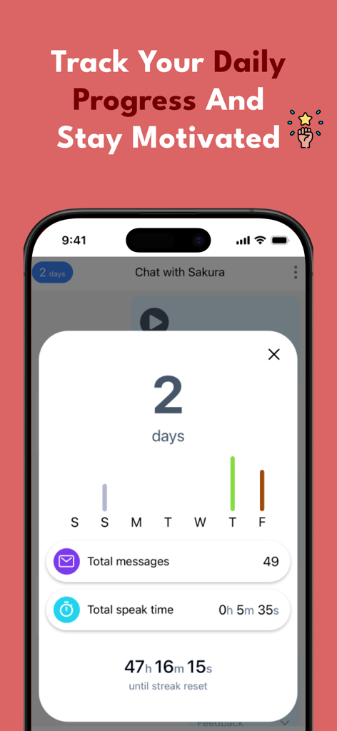 Speak Japanese - SakuraSpeak - A screenshot of the SakuraSpeak Japanese learning app showing daily progress metrics including speaking time and message counts