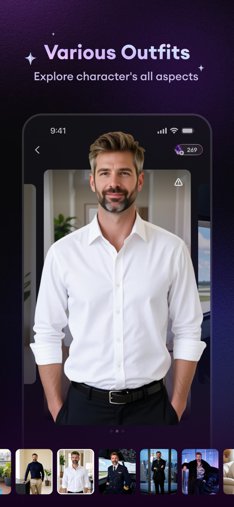 Interface of the Tremble app showcasing an AI character with various customizable outfit options