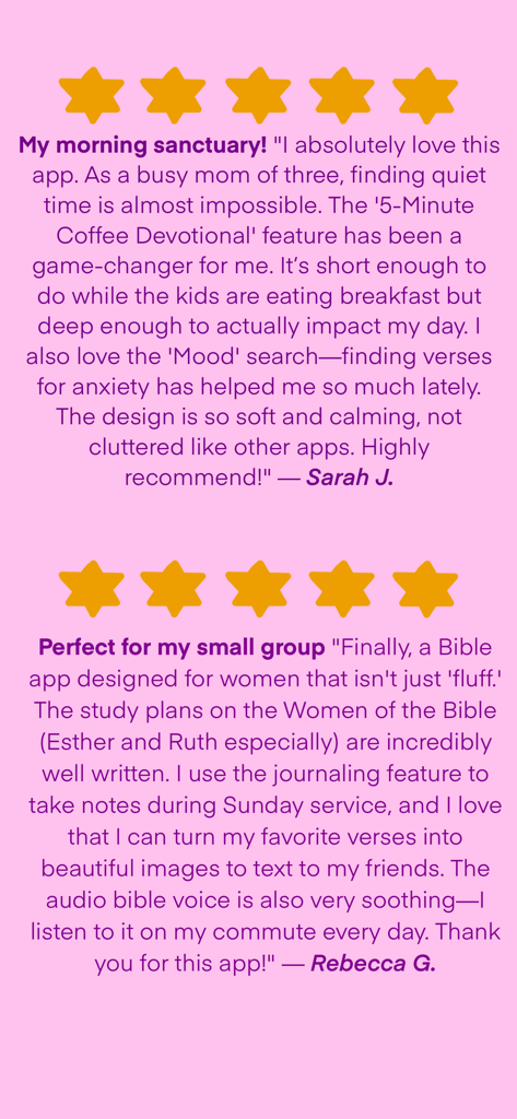 Dos testimonios de usuarios de cinco estrellas para la aplicación Ruth Bible para mujeres sobre un fondo rosa.