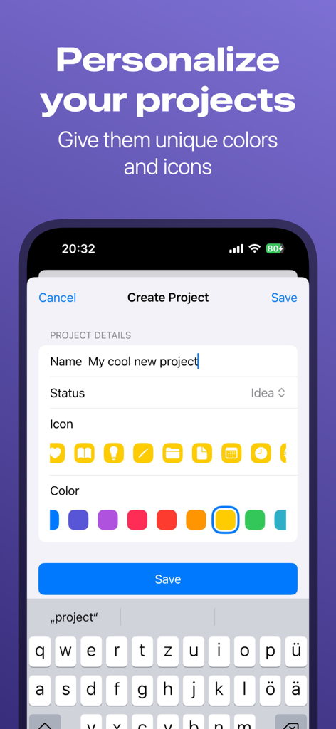 Project Planner: Milestones - カスタムアイコンと色で新しいプロジェクトを作成およびパーソナライズするためのオプションを表示する画面