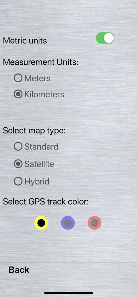 EZLapCounter - EZLapCounter 앱의 설정 화면으로 측정 단위, 지도 유형 및 GPS 추적 색상 옵션 표시