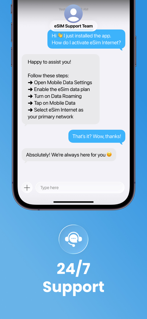 Chat interface for 24-7 customer support in the eSIM travel app