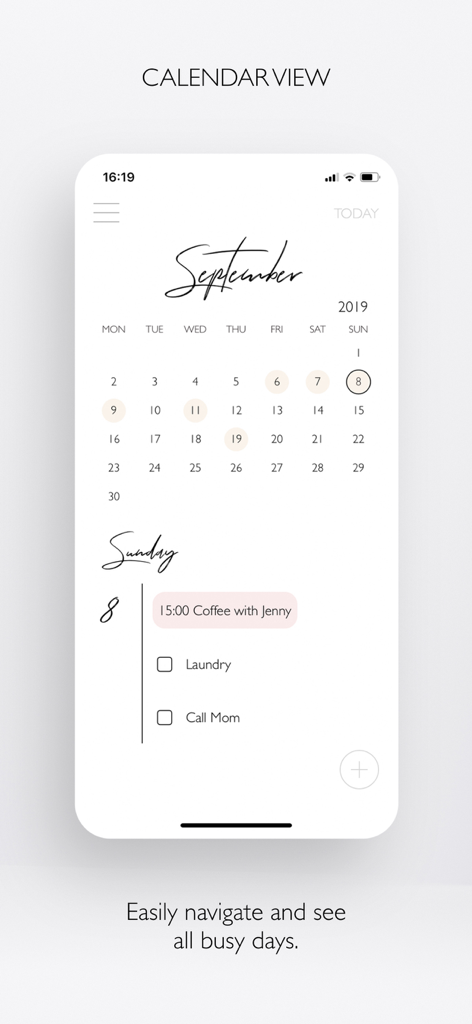 PLANBELLA - Planner App - Minimalist calendar interface of the Planbella app showing a monthly view and daily checklist.