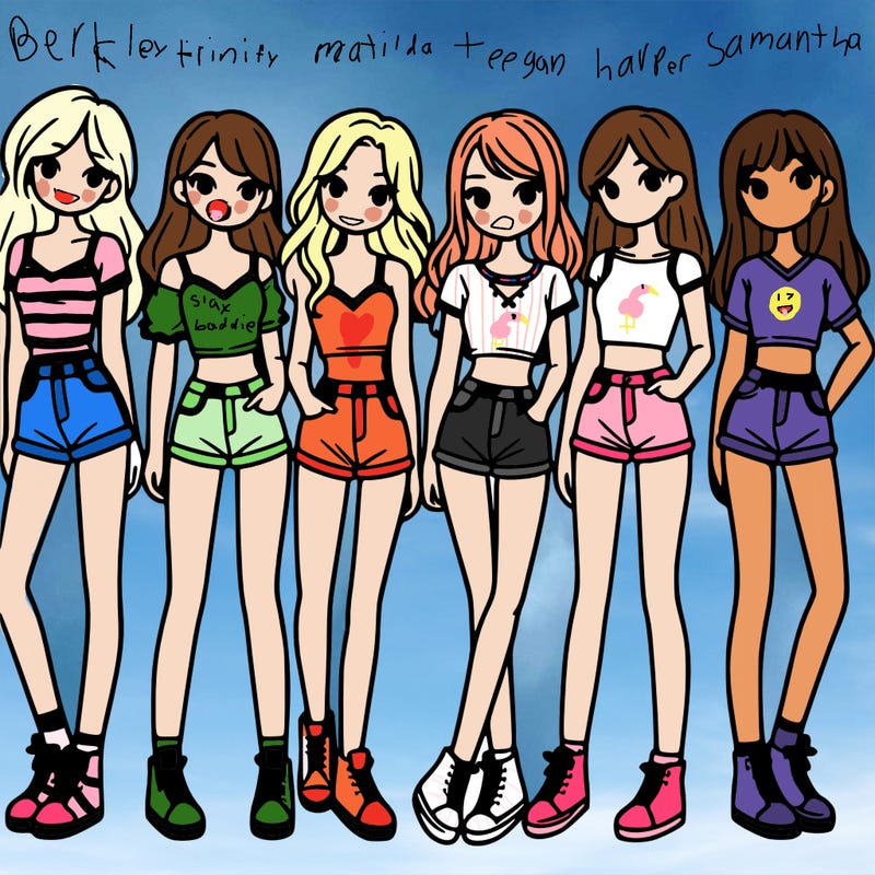 a group of girls wearing crop tops and shorts