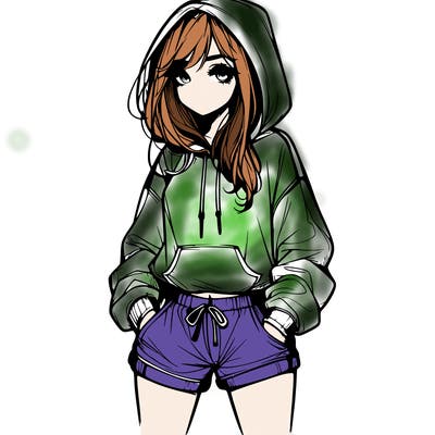 realistic girl in shorts and hoodie