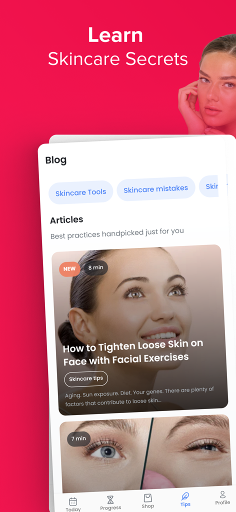 Face Yoga: Facial Exercises - Mobile app screen showing a blog with skincare tips and an article on how to tighten loose skin using facial exercises