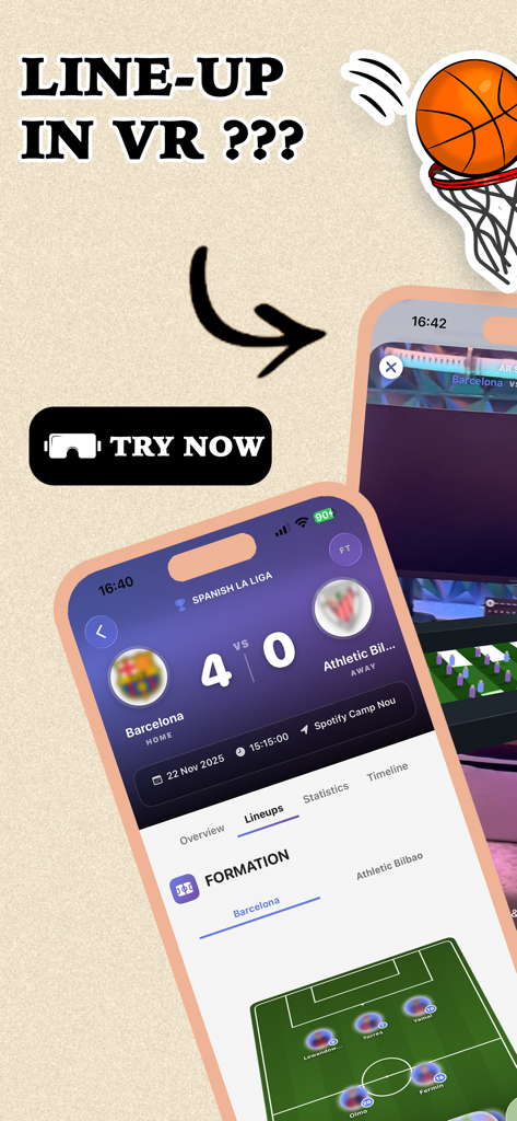 Nova Score - Nova soccer Hub - Interface do aplicativo Nova Score exibindo uma escalação de futebol com opção de visualização VR.