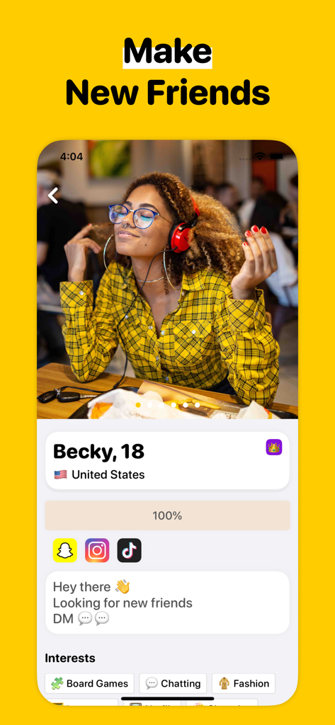 Screenshot of the Monkey Run app showing a user profile for an 18 year old female from the United States with her interests and social media links