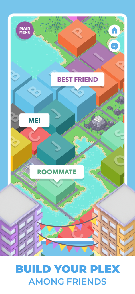 Pixel Plex: City Builder - Vue isométrique d'une ville colorée en pixel art avec des parcelles étiquetées pour les amis et les colocataires dans Pixel Plex