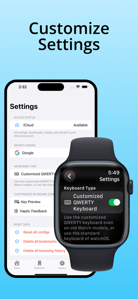 Watch Browser with Keyboard - Settings menu for Watch Browser with Keyboard showing iPhone and Apple Watch customization options.