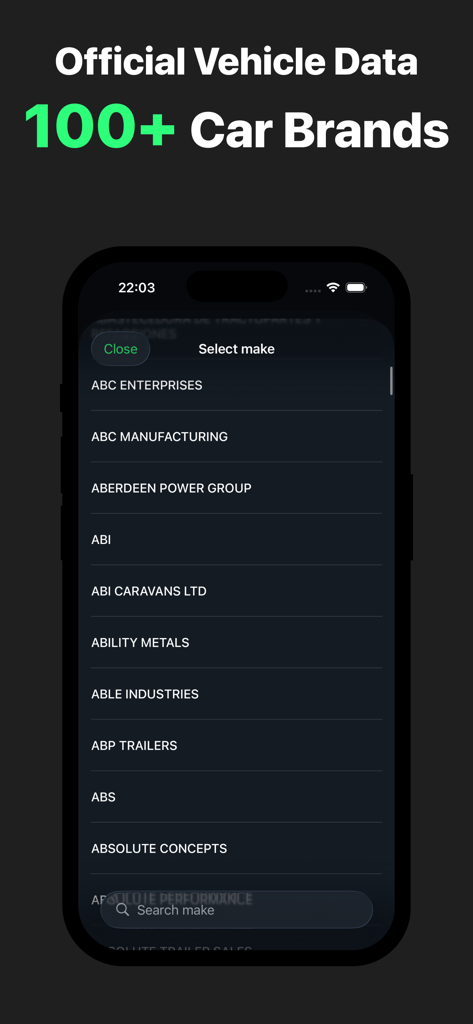 Car Play Connect app showing a list of over one hundred car brands for vehicle selection