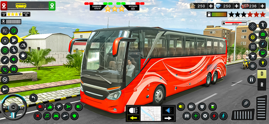 A red bus on a city street in Real Bus Simulator Ultimate with a detailed driving game interface.
