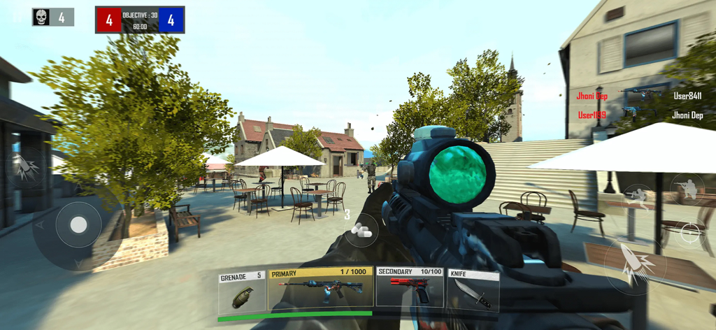 First person shooter gameplay in WarStrike showing 3D urban combat and rifle scope view