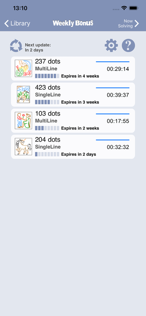 Dot-a-Pix 앱의 주간 보너스 점 잇기 퍼즐 목록으로, 퍼즐 난이도와 완료 시간을 보여줍니다.