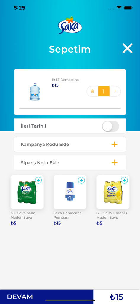 A mobile app interface showing a shopping cart with a large water bottle and mineral water options in the Saka Su app