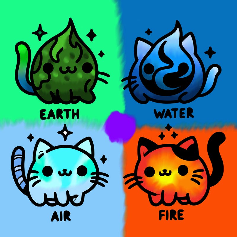 4 cats that represent the different elements, earth, water, air, and fire
