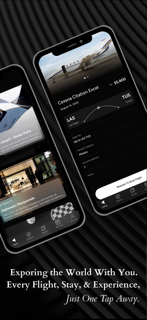 Amalfi Jets - Two iPhones displaying the Amalfi Jets app interface for booking a private Cessna jet and browsing luxury lifestyle events