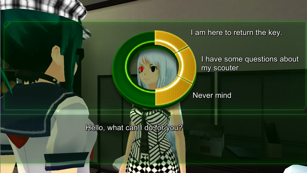 A screenshot of the dialogue system in Schoolgirl Supervisor showing Saori Sato interacting with an NPC through a circular choice menu.