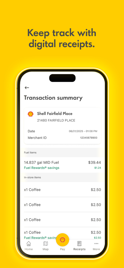 Shell: Fuel, Charge & More - A digital receipt screen in the Shell app displaying fuel and coffee purchase details with rewards savings