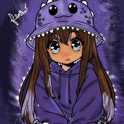 girl with anime shaped eyes with a dinosaur bucket hat oversized sweatshirt long straight hair