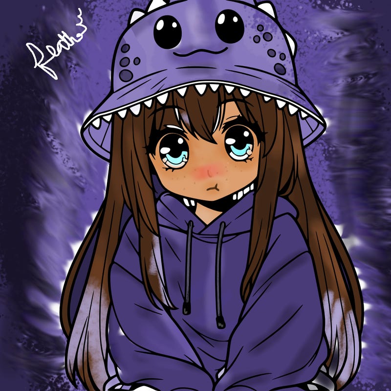 girl with anime shaped eyes with a dinosaur bucket hat oversized sweatshirt long straight hair