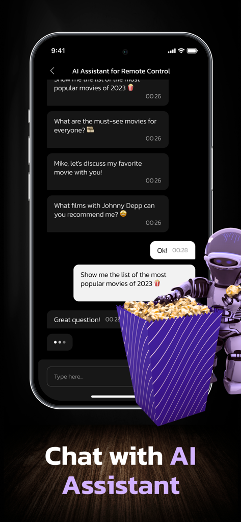 Universal Remote: TV Control • - Interfaz de iPhone que muestra un chat con un asistente de IA para recomendaciones de películas y un robot 3D sosteniendo palomitas de maíz