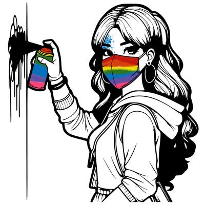 realistic girl with mask spray painting a wall