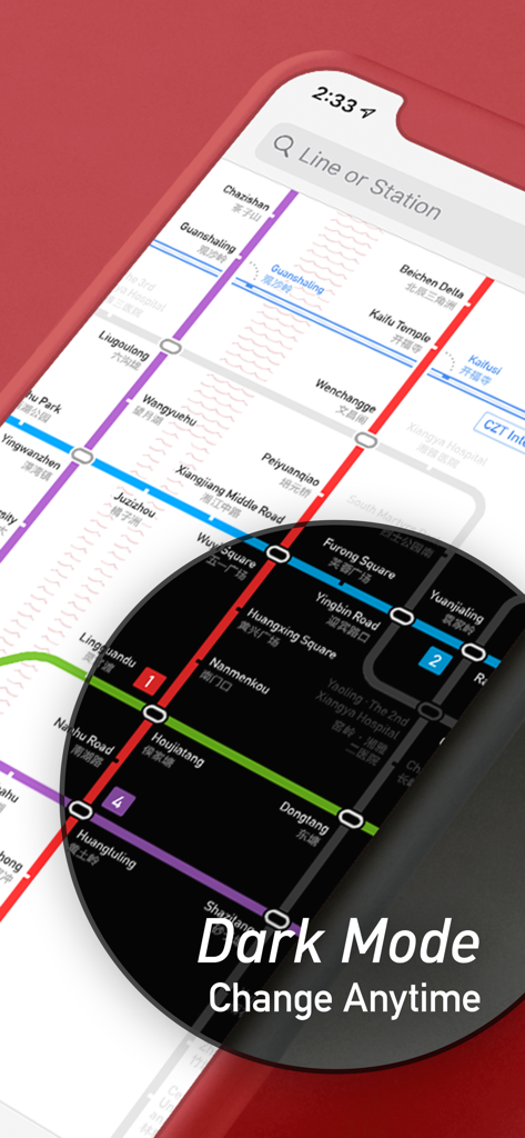 MetroMan Changsha - Captura de pantalla de la aplicación MetroMan Changsha mostrando la función de modo oscuro en el mapa del metro con nombres de estaciones bilingües