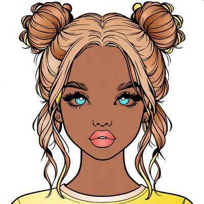 realistic girl with two buns in hair and lips