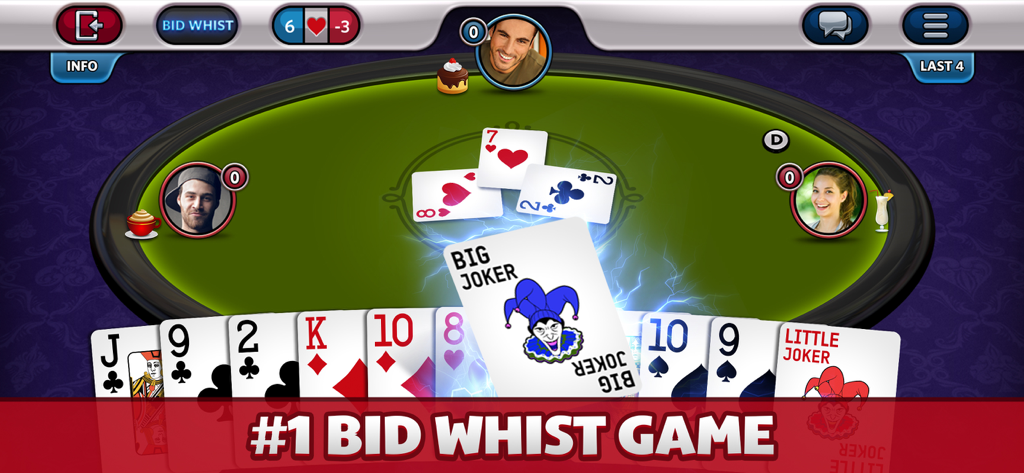 Bid Whist Plus game interface showing players at a virtual card table and a hand featuring jokers