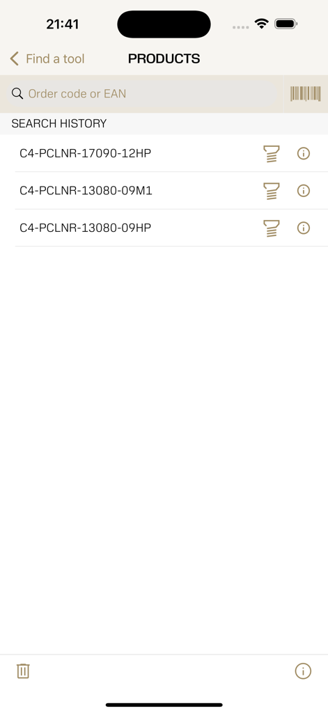 Ifind - Sandvik Coromant - Pantalla de la aplicación Ifind de Sandvik Coromant que muestra el historial de búsqueda de productos de herramientas y el campo de entrada del código de pedido.
