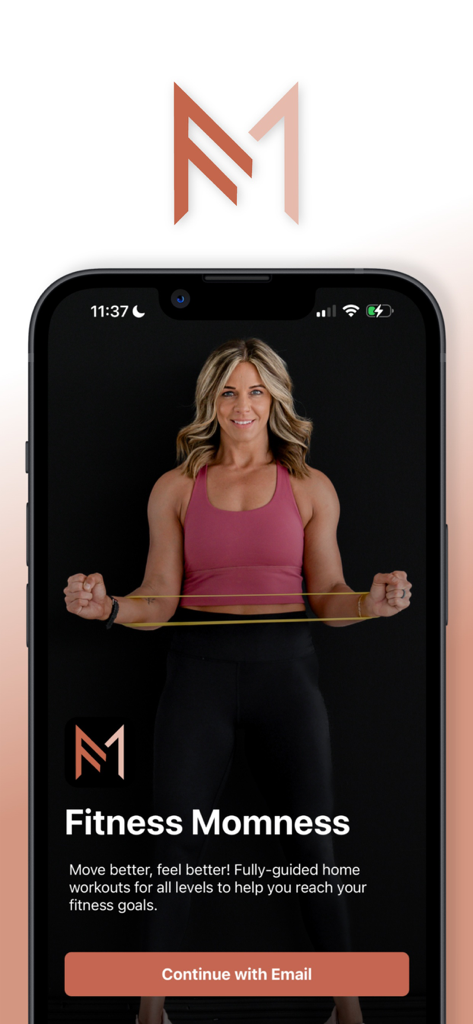 Fitness Momness - Pantalla de bienvenida de la aplicación Fitness Momness con la fundadora Stacey Roberts y el eslogan de entrenamiento en casa