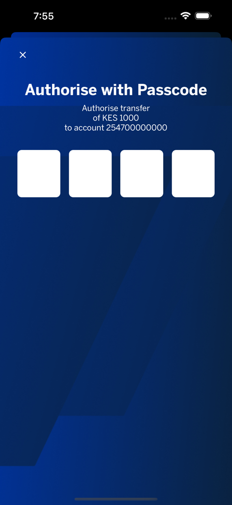 Stanbic Bank Kenya - Passcode authorization screen in the Stanbic Bank Kenya app for a money transfer