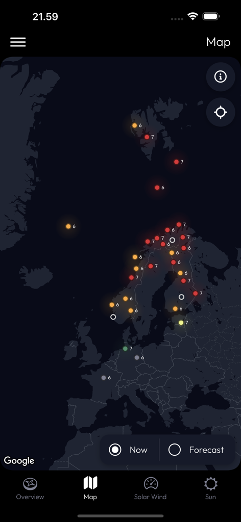 Aurora Compass - Aplicación móvil Aurora Compass mostrando un mapa de actividad geomagnética para el pronóstico de auroras boreales