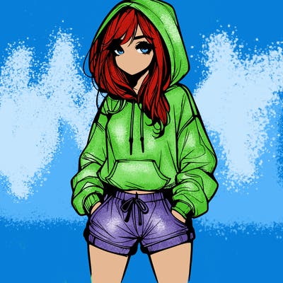 realistic girl in shorts and hoodie