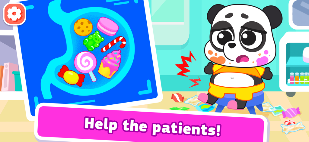 Pet Hospital games. Vet doctor - Un panda de dibujos animados con dolor de estómago y una radiografía que muestra varios dulces dentro de su estómago.