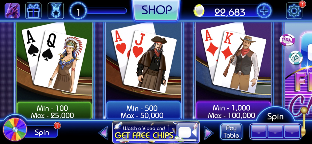 Table selection screen in Blackjack 21 casino app showing different betting limits and themed card designs